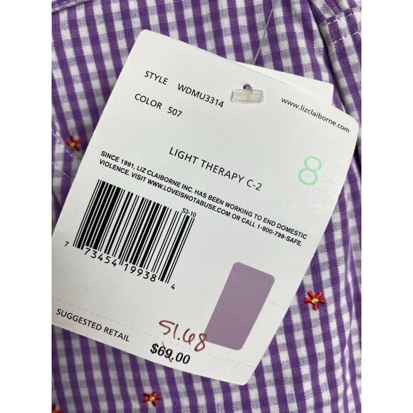 Liz Claiborne Women Cropped Pants Purple Gingham Plaid Floral Embroidered Size 8 - Picture 7 of 15